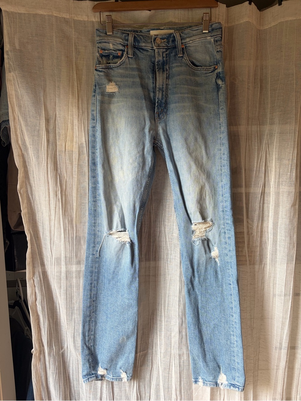 MOTHER High waisted Rider Skimp-The Confession Light Blue High-Rise Distressed